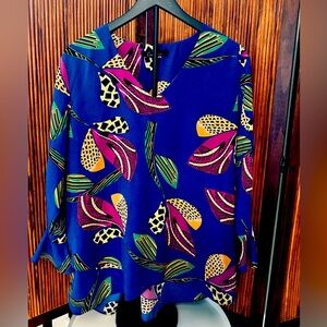 Calessa Blue Purple Abstract Floral Print Ruffle Sleeve Top Women's Size XL